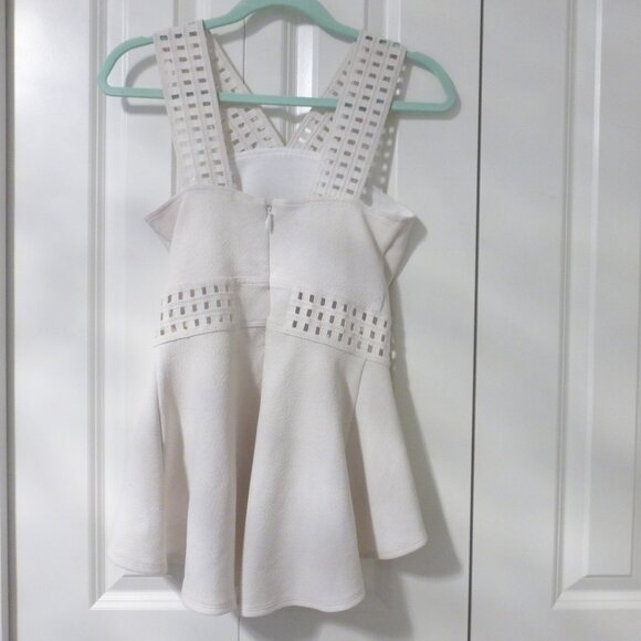 BEBE white peplum top with thick straps and small cut out details - Picture 2 of 13